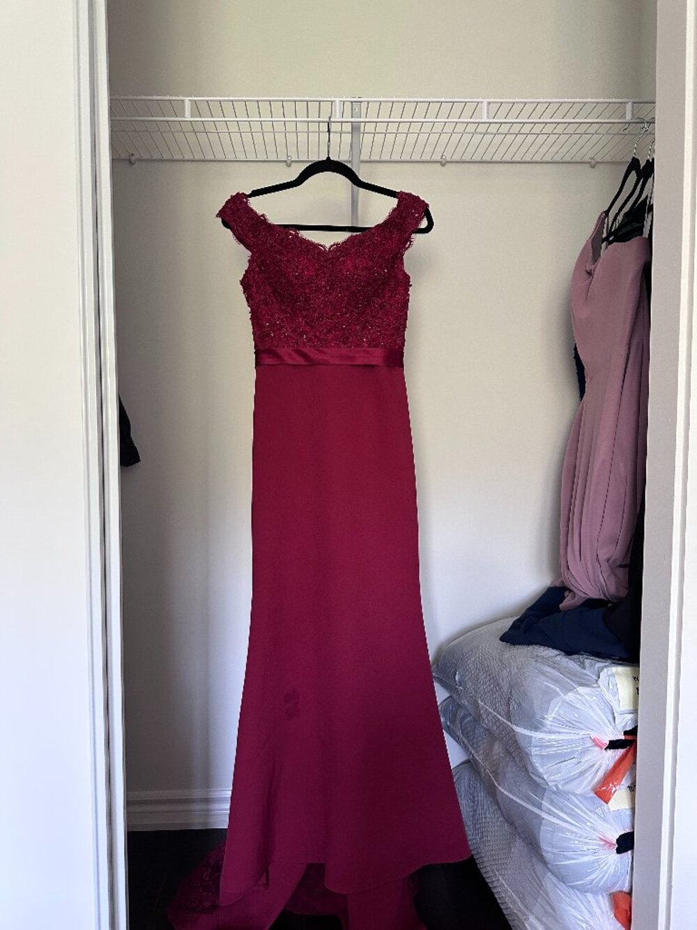 Off the shoulder, floor length bridesmaid/prom/bridal dress with sheer lace trai
